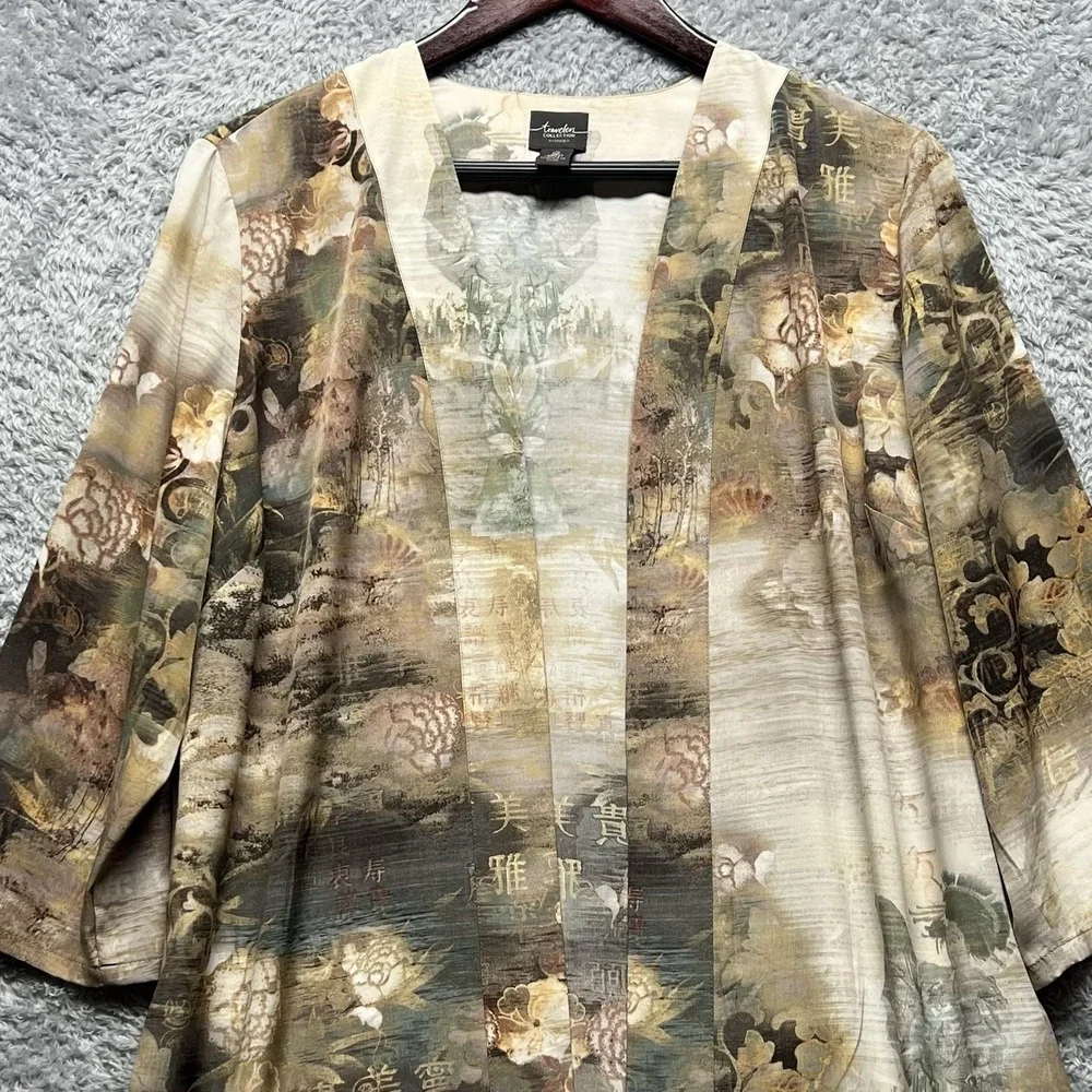 Chicos Travelers Duster Jacket Size 2 US Large Tan Brown Asian Kimono 3/4 Sleeve - Picture 2 of 15